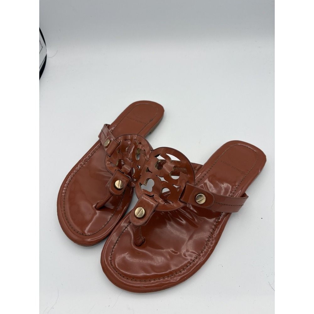 Tory Burch Shoes Womens Size 7 Brown Patent Leather Miller Thong Sandals Logo